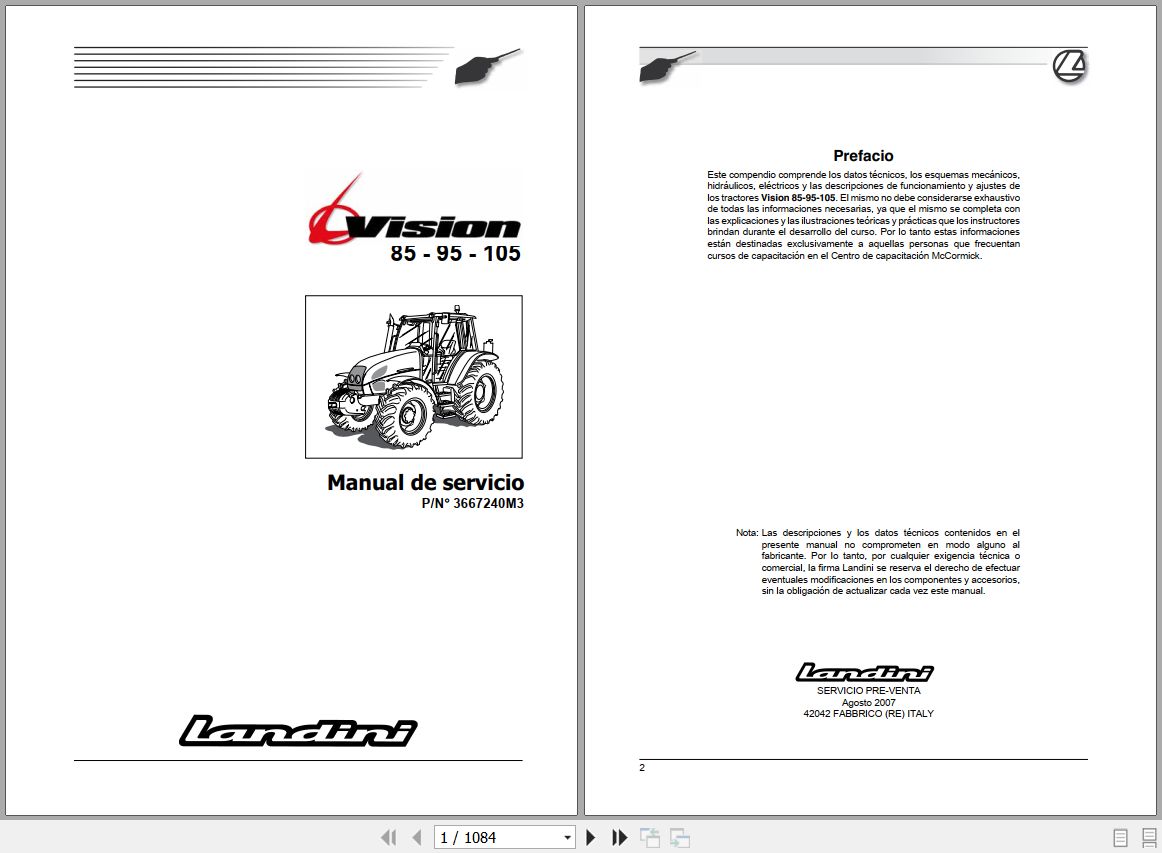 Landini Tractor Vision 85 95 105 Service Manual 3667240M3 ES 1