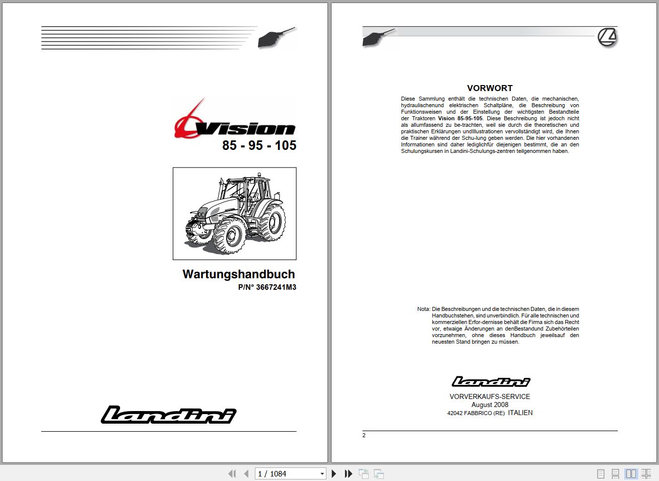 Landini Tractor Vision 85 95 105 Service Manual 3667241M3 DE 1