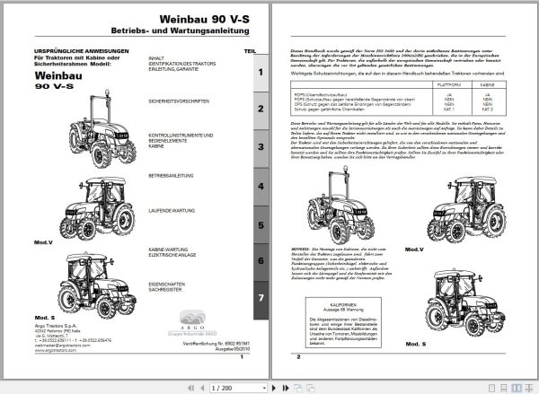 Landini Tractor Weinbau 90 V S Operators Maintenance Manual 6502951M1 DE 1
