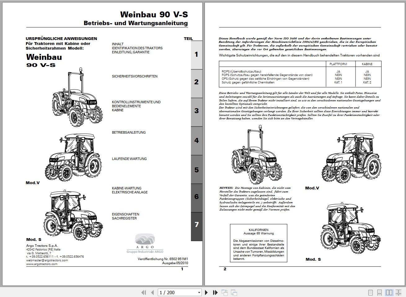 Landini Tractor Weinbau 90 V S Operators Maintenance Manual 6502951M1 DE 1