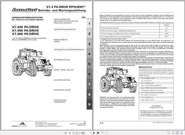 Landini Tractor X7.440 X7.450 X7.460 P6 DRIVE Operators Maintenance Manual 6627405A2 DE 1