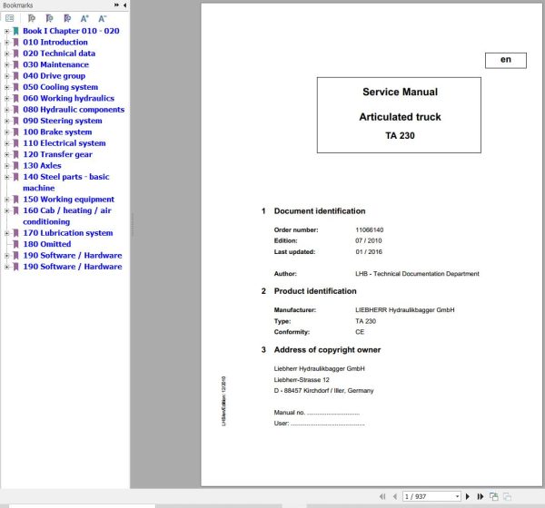Liebherr Articulated Truck TA 230 Service Manual 1