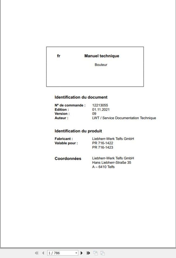 Liebherr Bulldozer PR716 1422 PR716 1423 Technical Manual FR 1