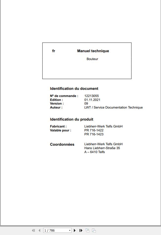 Liebherr Bulldozer PR716 1422 PR716 1423 Technical Manual FR 1