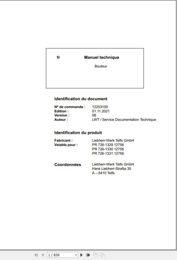 Liebherr Bulldozer PR726 1329 PR726 1330 PR726 1331 Technical Manual FR 1