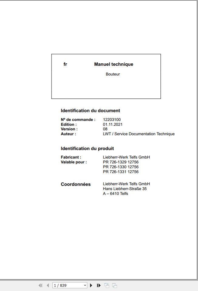 Liebherr Bulldozer PR726 1329 PR726 1330 PR726 1331 Technical Manual FR 1