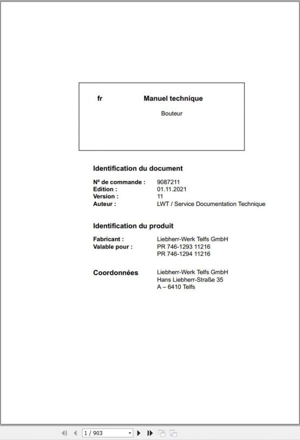 Liebherr Bulldozer PR746 1293 PR746 1294 Technical Manual FR 1