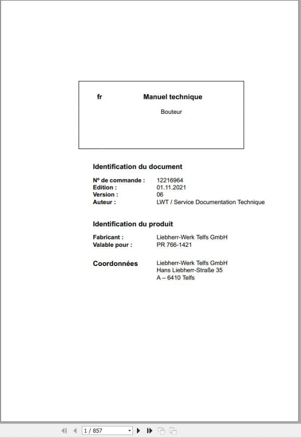 Liebherr Bulldozer PR766 1421 Technical Manual FR 1