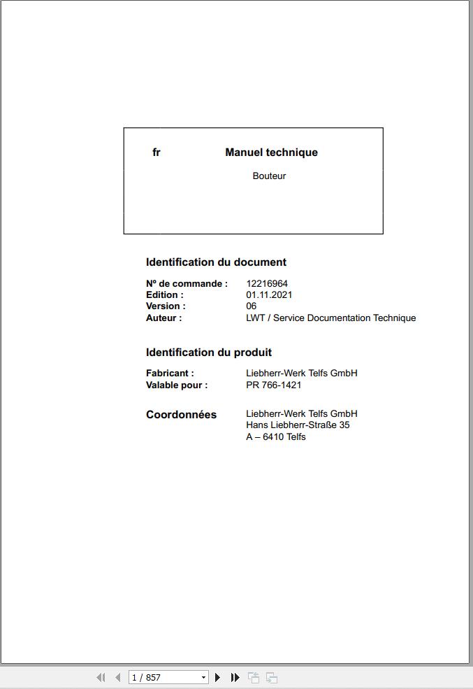 Liebherr Bulldozer PR766 1421 Technical Manual FR 1