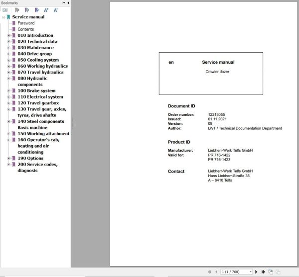 Liebherr Crawler Dozer PR716 1422 PR716 1423 Service Manual 12213055 1