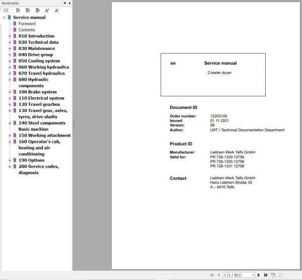 Liebherr Crawler Dozer PR726 Service Manual 12203100 1