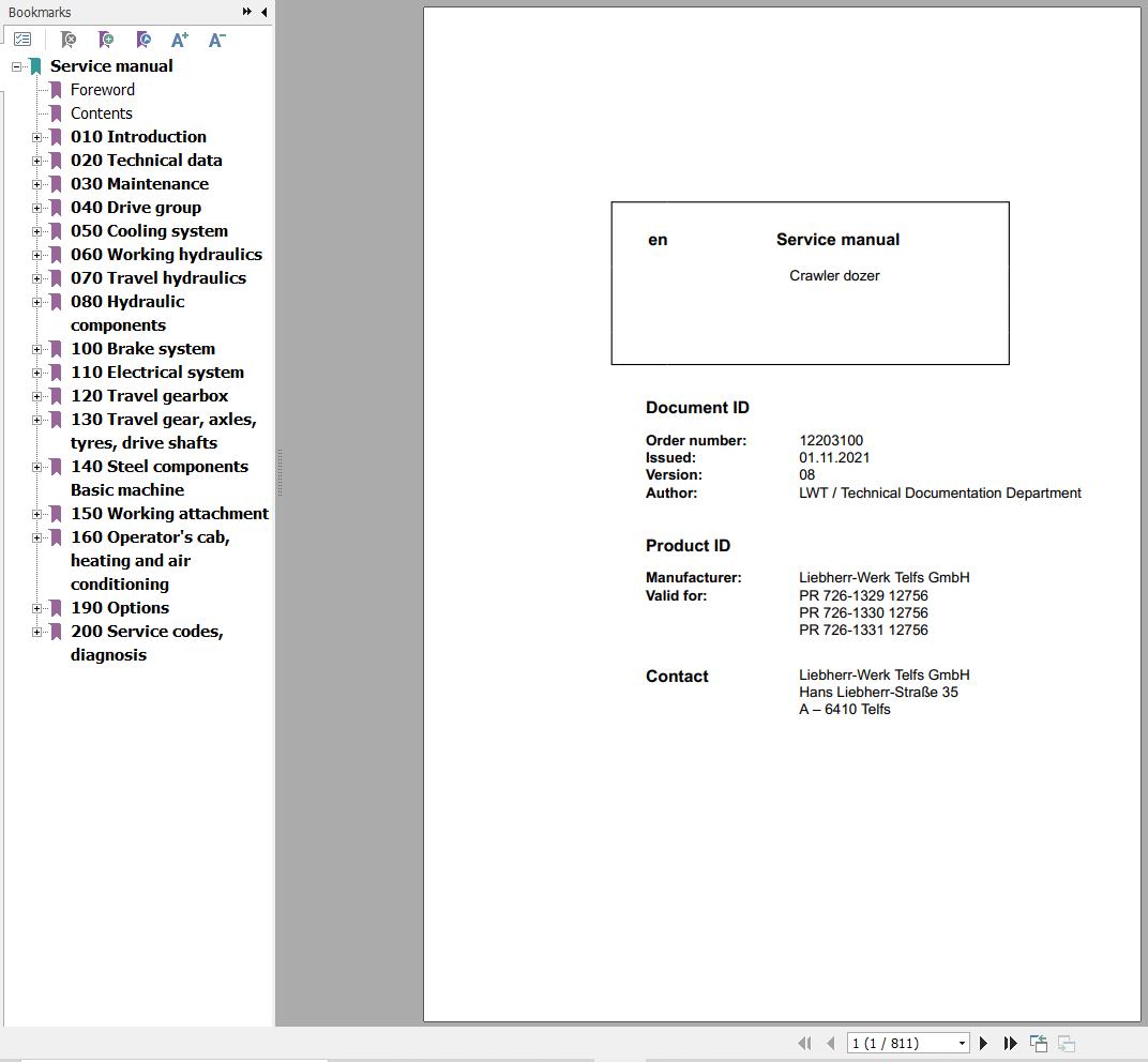 Liebherr Crawler Dozer PR726 Service Manual 12203100 1