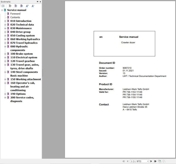Liebherr Crawler Dozer PR736 Service Manual 9087210 1