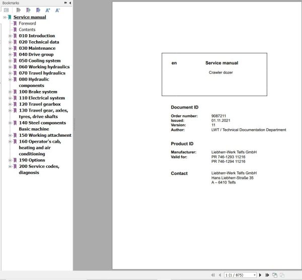 Liebherr Crawler Dozer PR746 1293 11216 PR746 1294 11216 Service Manual 9087211 1