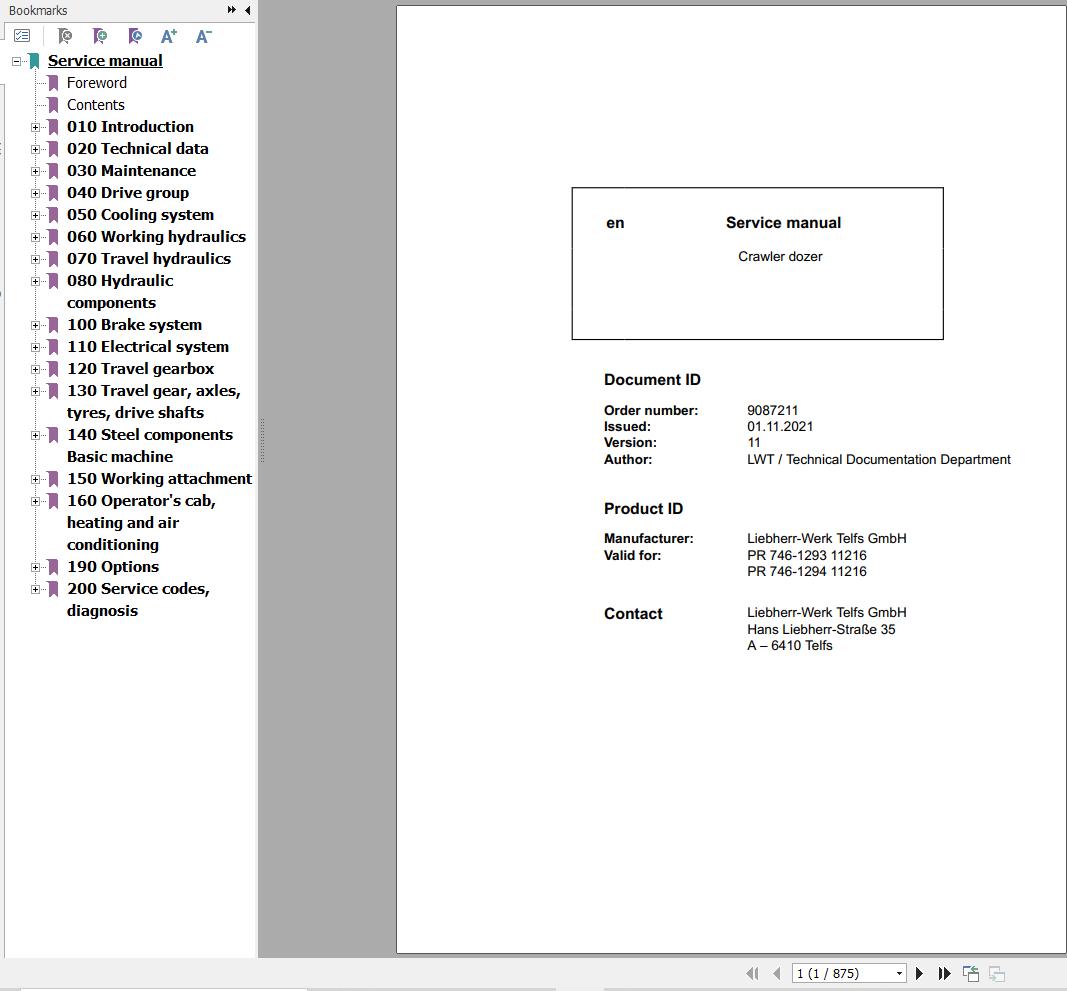 Liebherr Crawler Dozer PR746 1293 11216 PR746 1294 11216 Service Manual 9087211 1