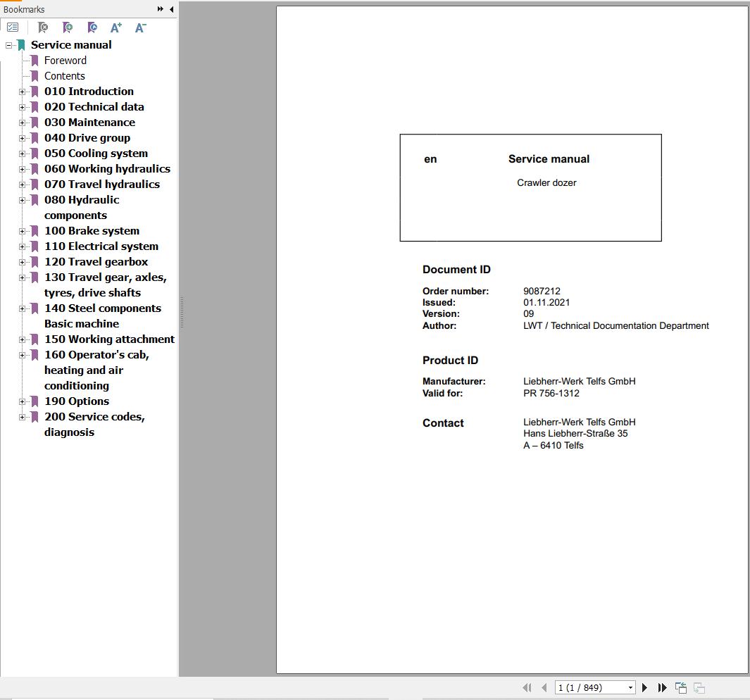 Liebherr Crawler Dozer PR756 1312 Service Manual 9087212 1