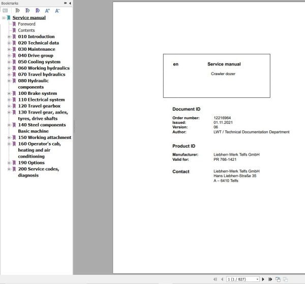 Liebherr Crawler Dozer PR766 1421 Service Manual 12216964 1