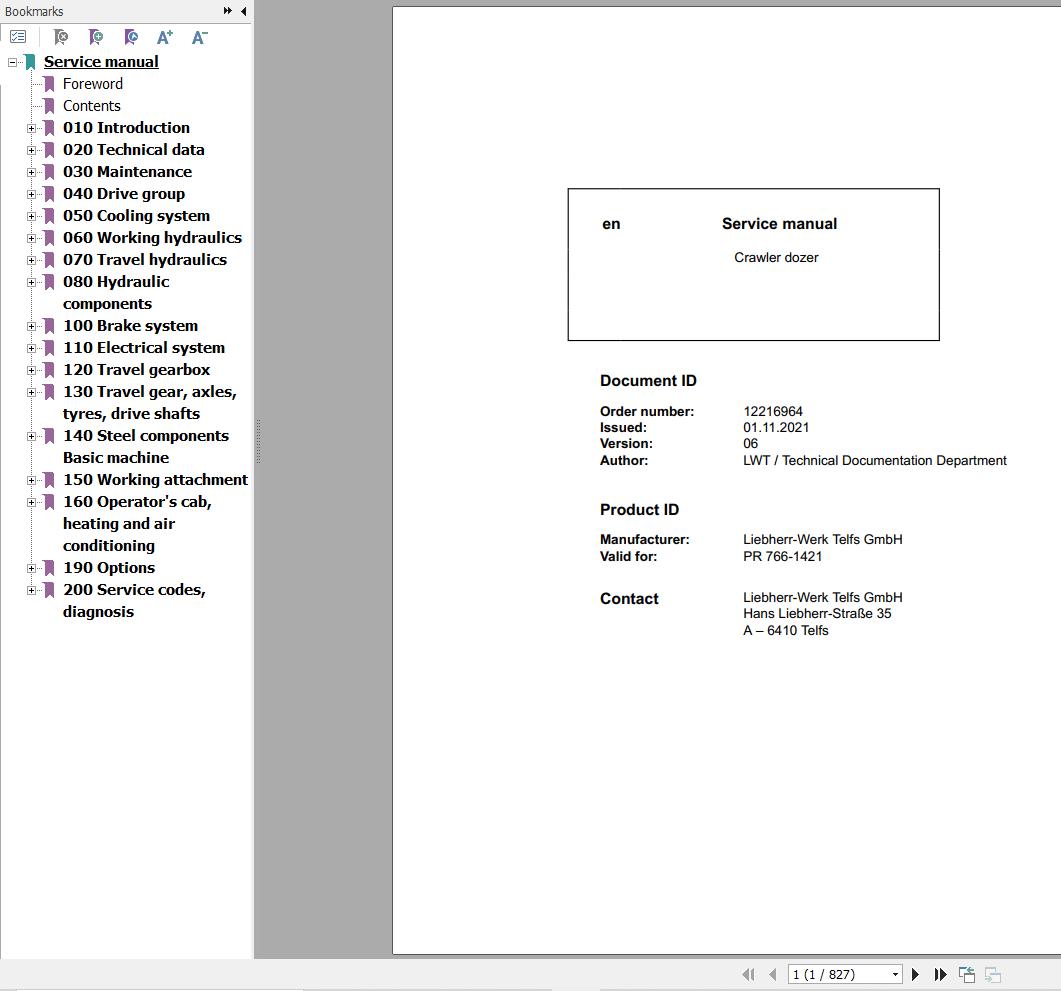 Liebherr Crawler Dozer PR766 1421 Service Manual 12216964 1