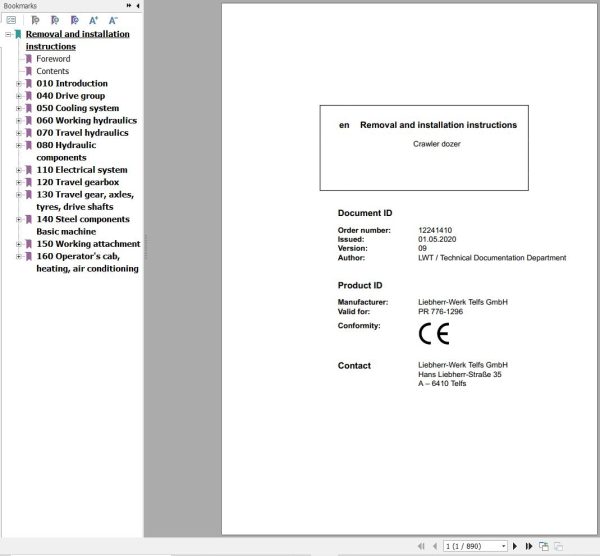 Liebherr Crawler Dozer PR776 1296 Removal And Installation Instructions 12241410 2020 1