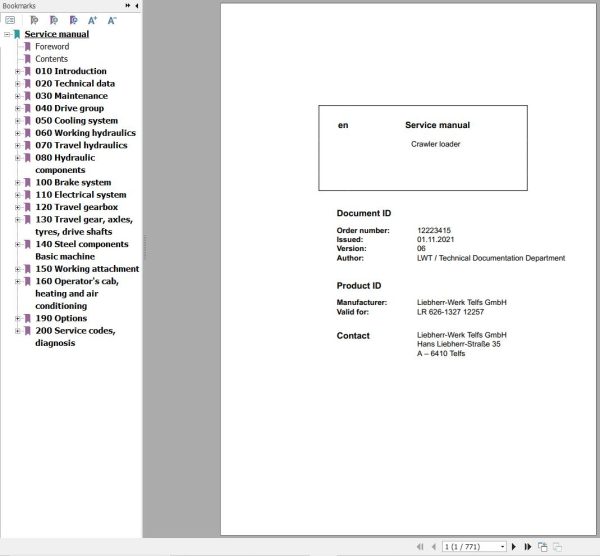 Liebherr Crawler Loader LR626 1327 12257 Service Manual 12223415 1
