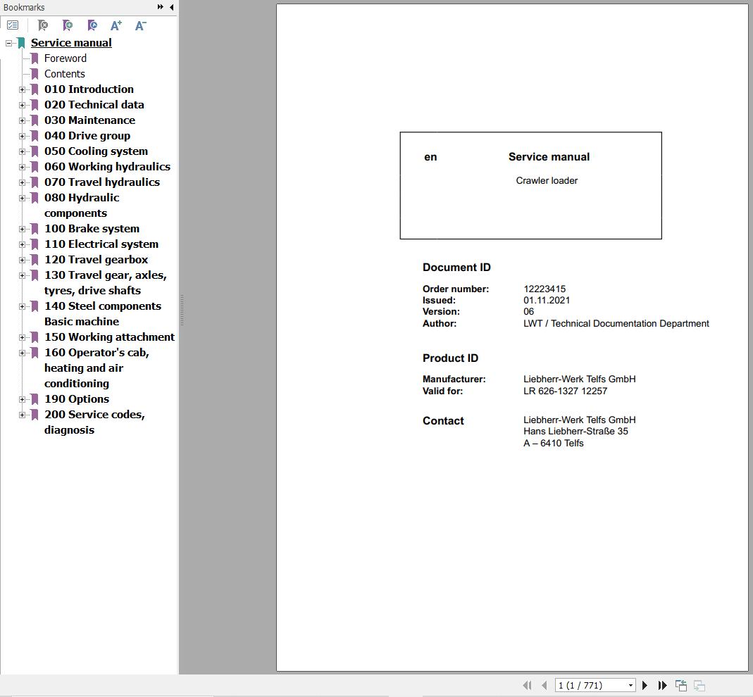 Liebherr Crawler Loader LR626 1327 12257 Service Manual 12223415 1