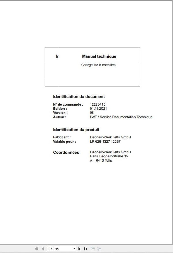 Liebherr Crawler Loader LR626 1327 Technical Manual FR 1