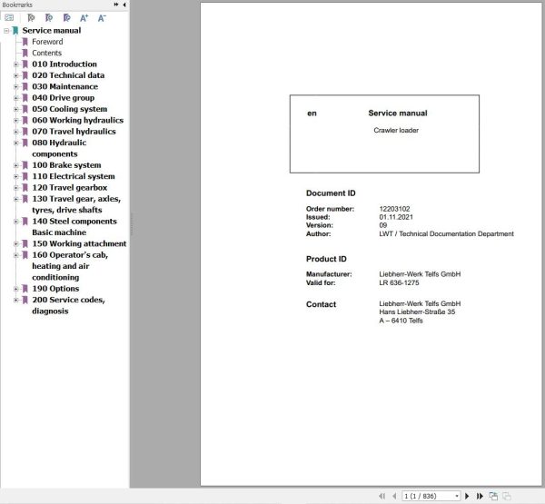 Liebherr Crawler Loader LR636 1275 Service Manual 12203102 1