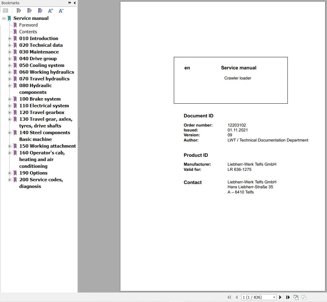 Liebherr Crawler Loader LR636 1275 Service Manual 12203102 1