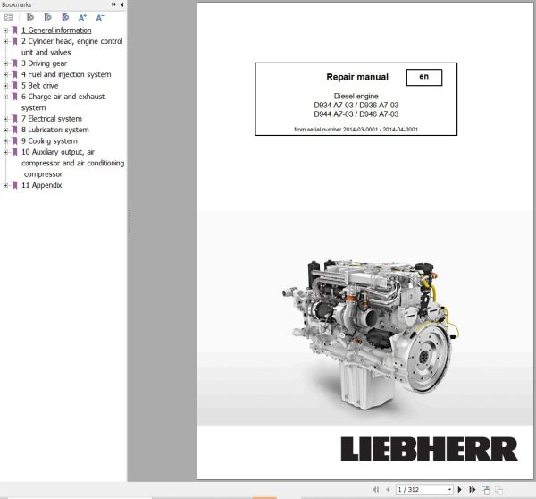 Liebherr Engine D934 A7 03 to D946 A7 03 Repair Manual 11418473 1