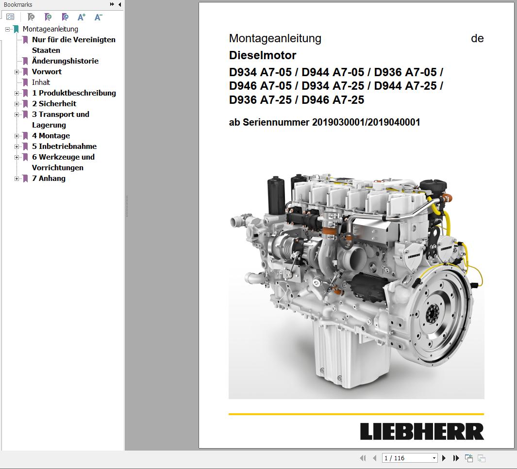 Liebherr Engine D934 A7 05 to D946 A7 25 Assembly Instructions Manual 13581884 DE 1