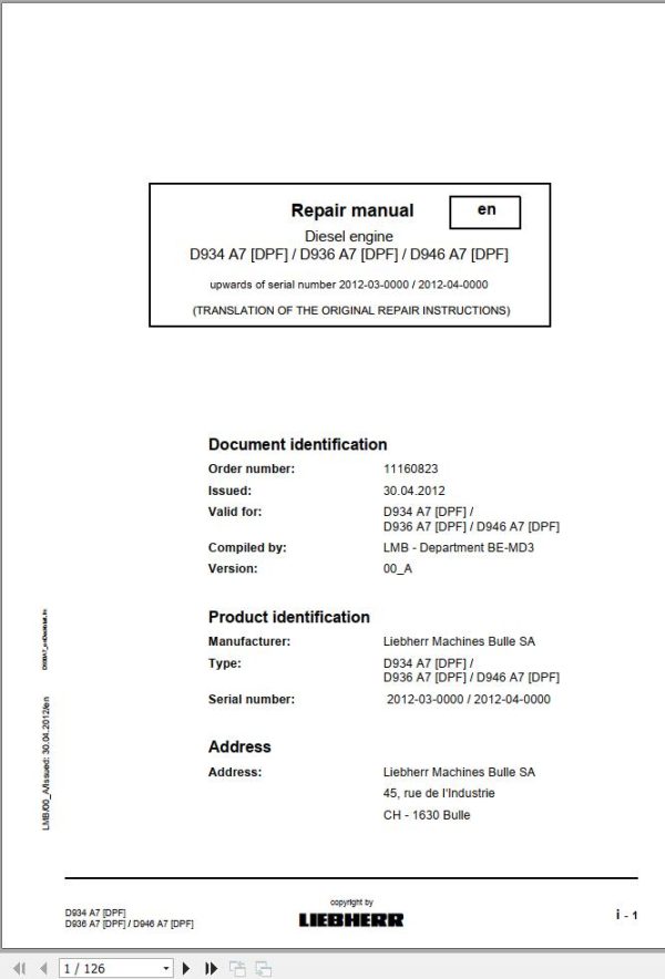Liebherr Engine D934 A7 DPF D936 A7 DPF D946 A7 DPF Repair Manual 11160823 1