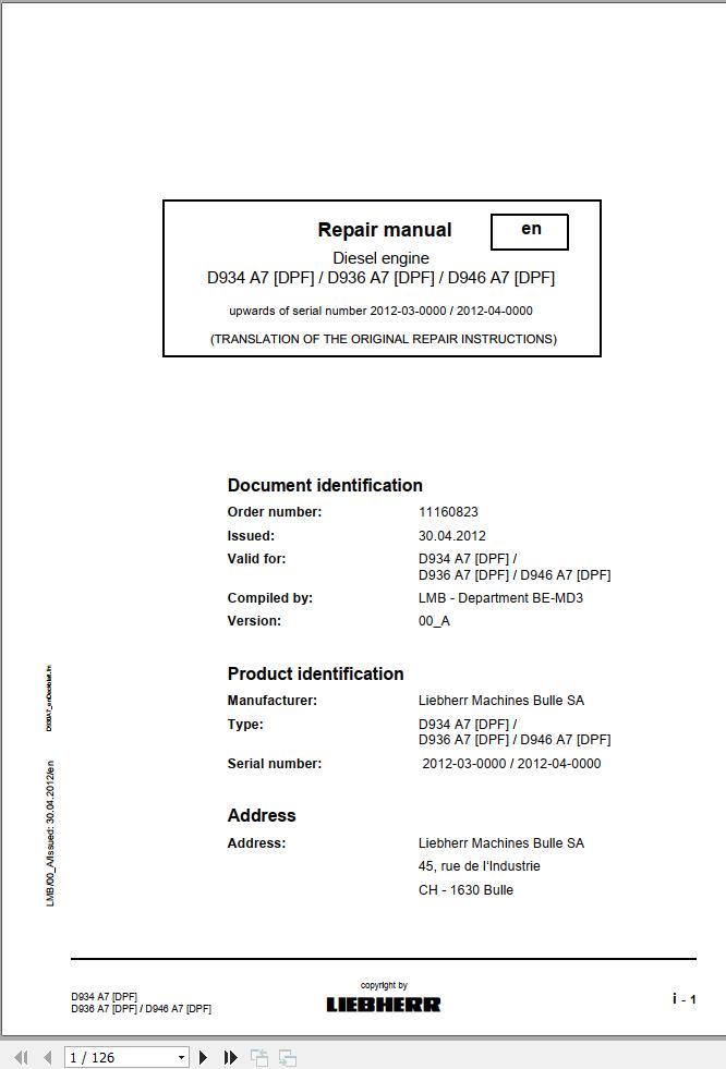 Liebherr Engine D934 A7 DPF D936 A7 DPF D946 A7 DPF Repair Manual 11160823 1