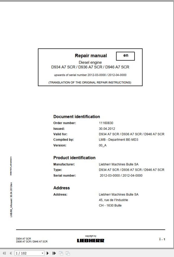 Liebherr Engine D934 A7 SCR D936 A7 SCR D946 A7 SCR Repair Manual 11160830 1
