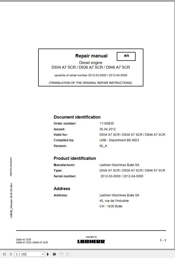 Liebherr Engine D934 A7 SCR D936 A7 SCR D946 A7 SCR Repair Manual 11160830 1