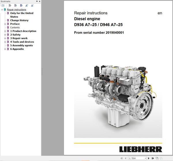 Liebherr Engine D936 A7â€“25 D946 A7â€“25 Repair Instructions Manual 13569782 1