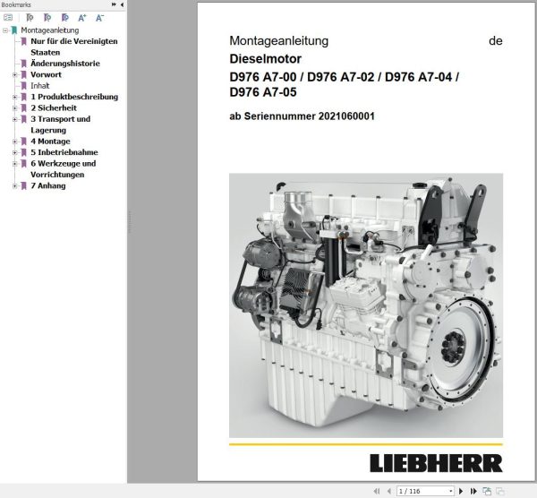 Liebherr Engine D976 A7 00 to D976 A7 05 Assembly Instructions Manual 13701242 DE 1