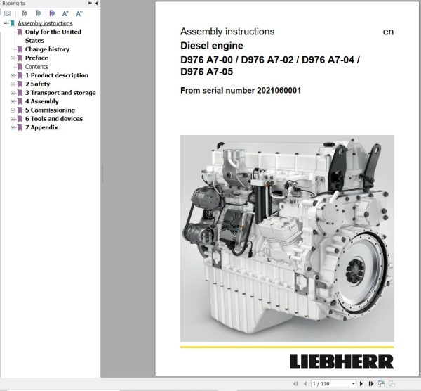 Liebherr Engine D976 A7 00 to D976 A7 05 Assembly Instructions Manual 13722746 1