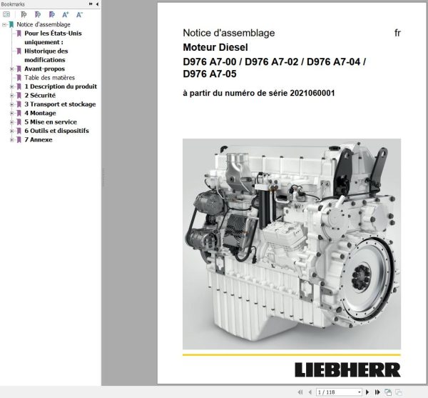 Liebherr Engine D976 A7 00 to D976 A7 05 Assembly Instructions Manual 13722748 FR 1