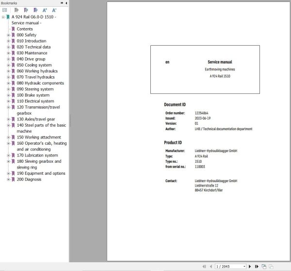 Liebherr Excavator A 924 Rail 1510 Service Manual 12254864 1