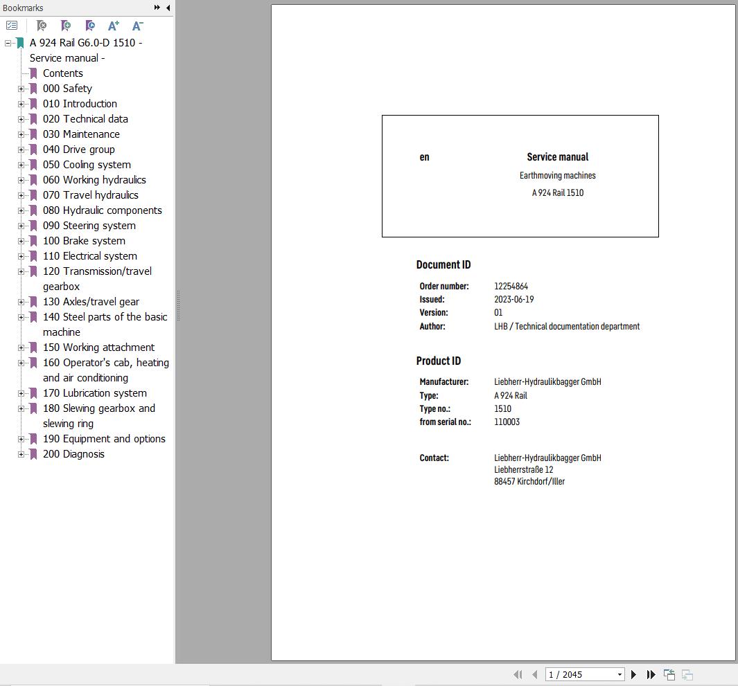 Liebherr Excavator A 924 Rail 1510 Service Manual 12254864 1