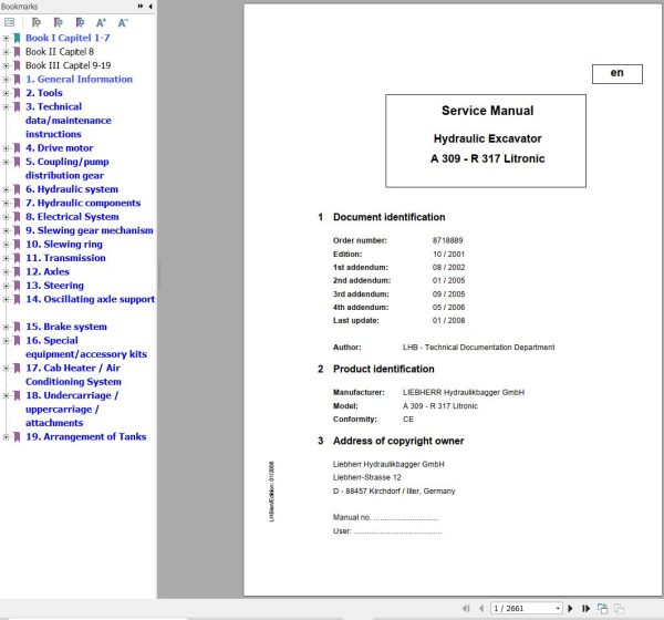 Liebherr Excavator A309 to R317 Litronic Service Manual 8718889 1