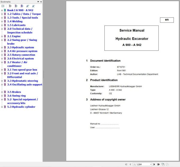 Liebherr Excavator A900 to A942 Service Manual 8716751 1