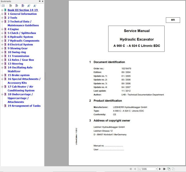 Liebherr Excavator A900C to A924C Litronic EDC Service Manual 10216479 1