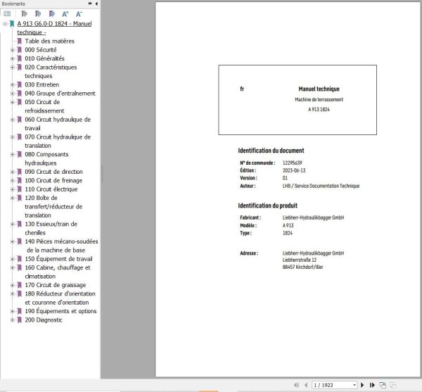 Liebherr Excavator A913 1824 Technical Manual FR 1