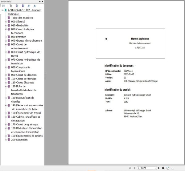Liebherr Excavator A914 1182 Technical Manual FR 1
