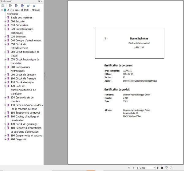 Liebherr Excavator A916 1183 Technical Manual FR 1