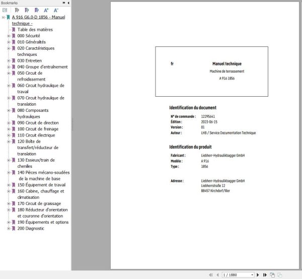Liebherr Excavator A916 1856 Technical Manual FR 1