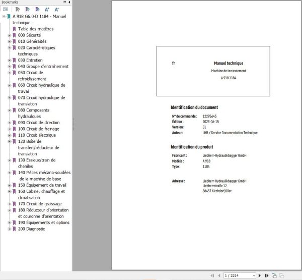 Liebherr Excavator A918 1184 Technical Manual FR 1