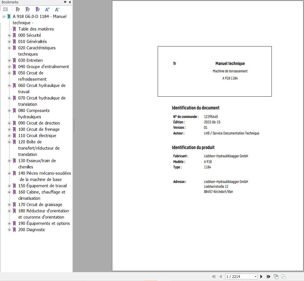 Liebherr Excavator A918 1184 Technical Manual FR 1