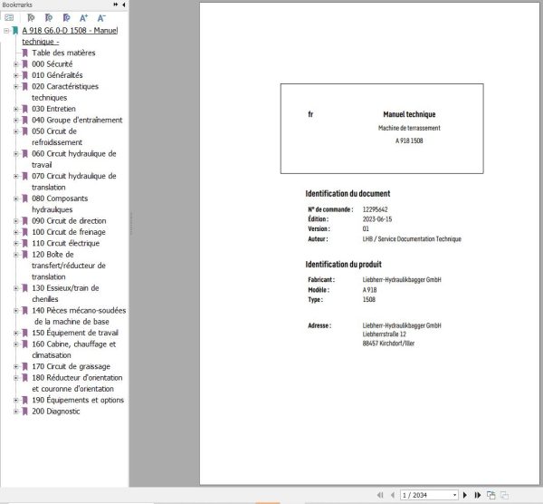 Liebherr Excavator A918 1508 Technical Manual FR 1